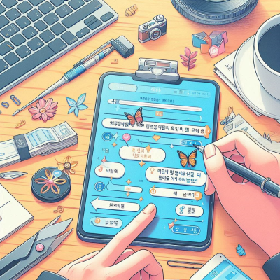 태블릿에서 한국어 텍스트를 편집하는 모습.