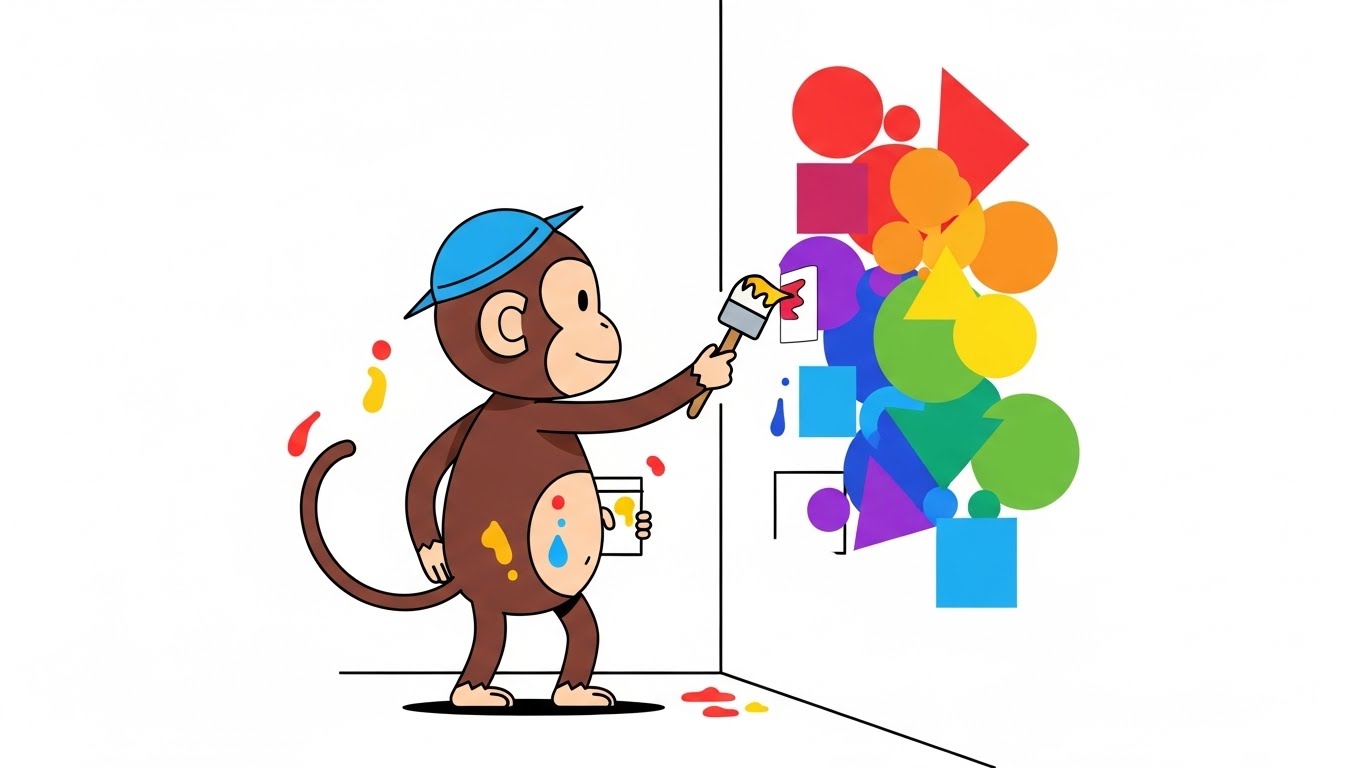 벽에 알록달록한 벽화를 그리며 창의력을 발휘하는 예술적인 원숭이 캐릭터 일러스트