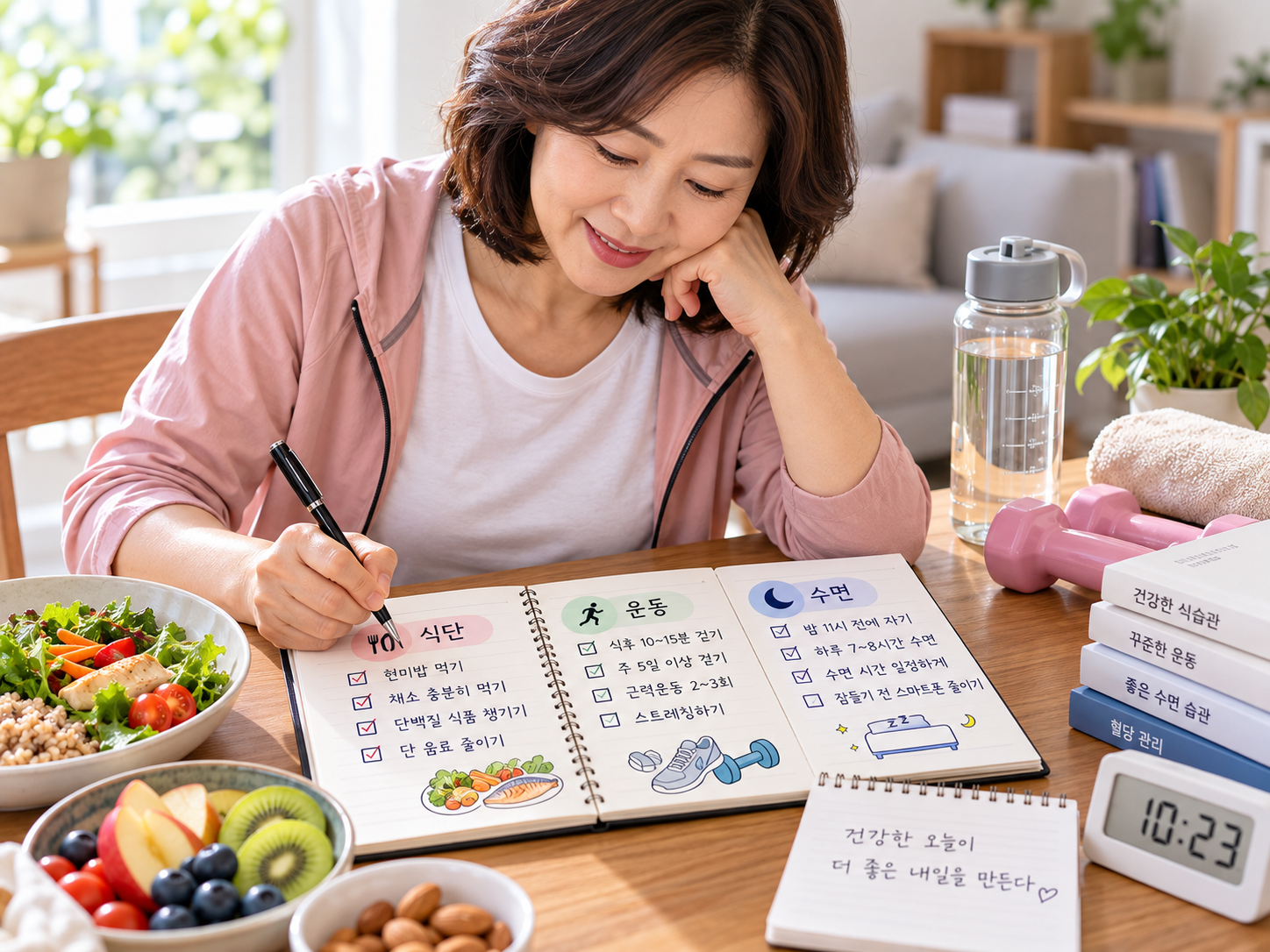 식단과 운동, 수면 습관을 노트에 기록하는 40~50대 중년 여성