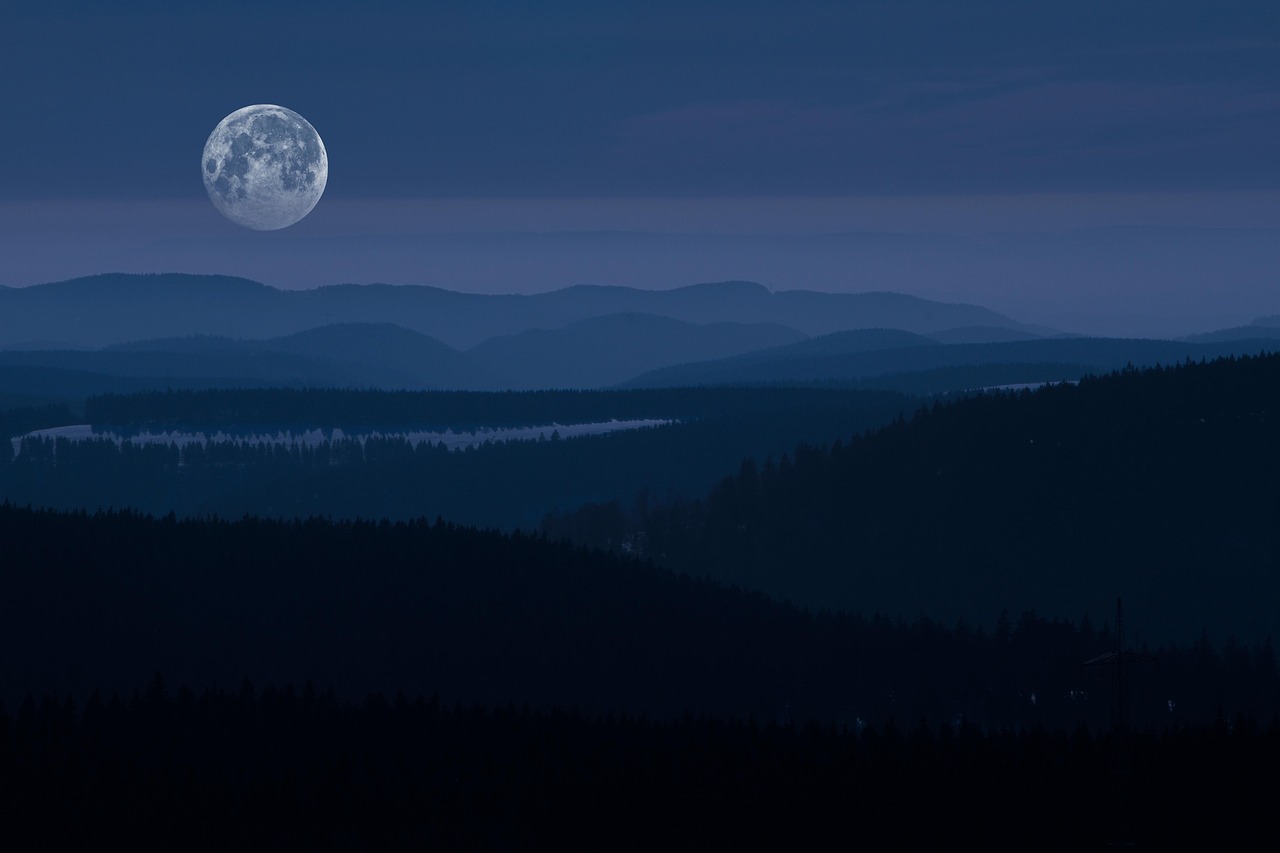 짙은 푸른색 계열의 밤 풍경 속, 커다란 보름달이 수평선 위로 떠오른 장면이다. 달은 하늘 한가운데 가까이에 위치하며, 표면의 분화구와 음영이 선명하게 드러날 만큼 선명하다. 전경에는 짙은 숲의 실루엣이 어둡게 깔려 있고, 뒤로는 구불구불한 산등성이들이 연속적으로 겹쳐지며 점점 연한 색조로 멀어지듯 표현되어 있다. 달빛은 구체적으로 뚜렷한 그림자를 드리우진 않지만, 전체적인 장면에 차분하고 몽환적인 분위기를 부여하고 있다. 하늘에는 구름이 희미하게 끼어 있고, 전체적으로 정적이며 깊은 고요감이 느껴지는 심야 산악 지대의 사진.
