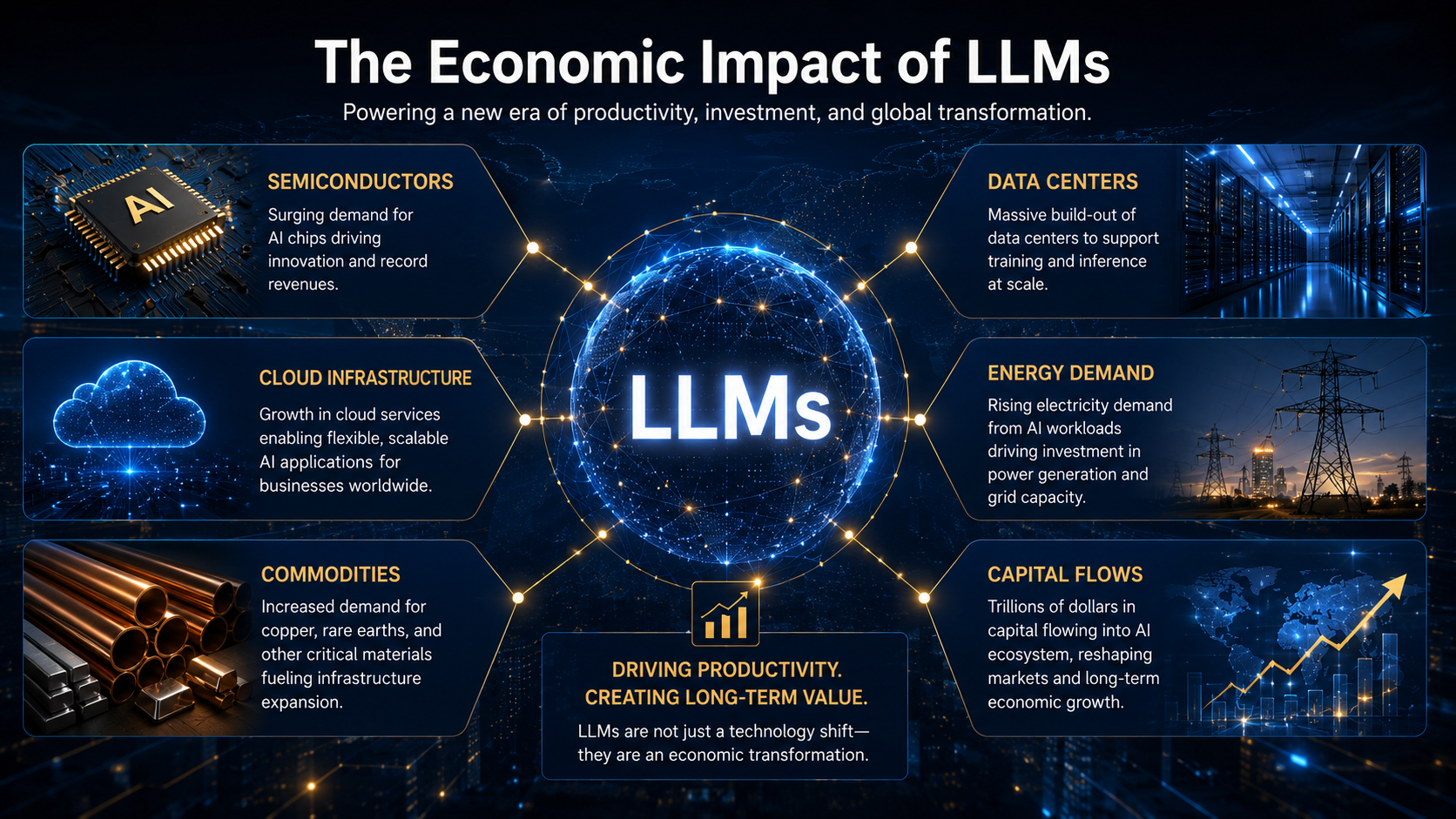 Illustration of the economic impact of large language models on semiconductors, data centers, energy infrastructure, commodities, and global capital flows