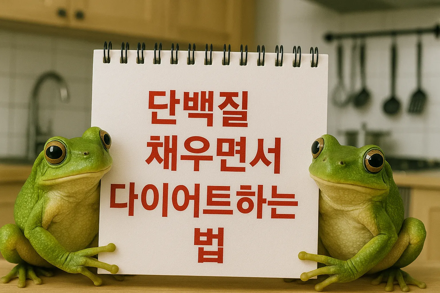 단백질 다이어트 팁 들고 있는 청개구리, 주방 배경