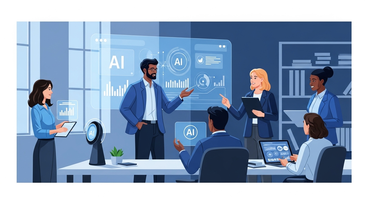 AI 기술이 통합된 현대적인 사무실에서 다양한 팀원들이 협력하며 업무 효율을 높이는 장면