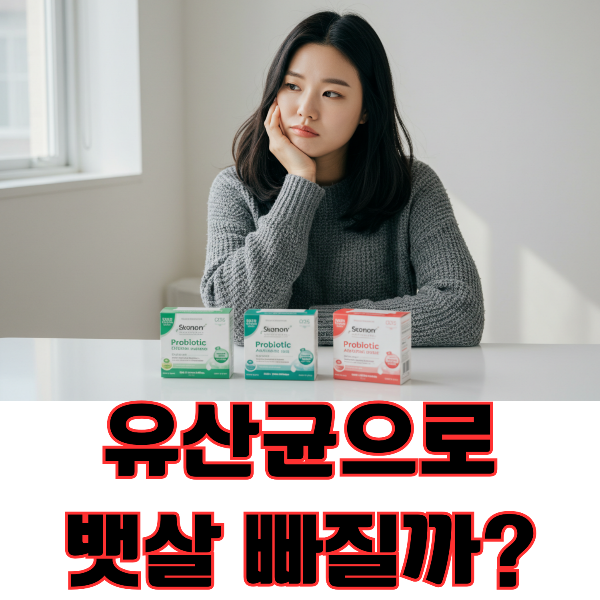 젊은여성이 유산균 고민하는 이미지