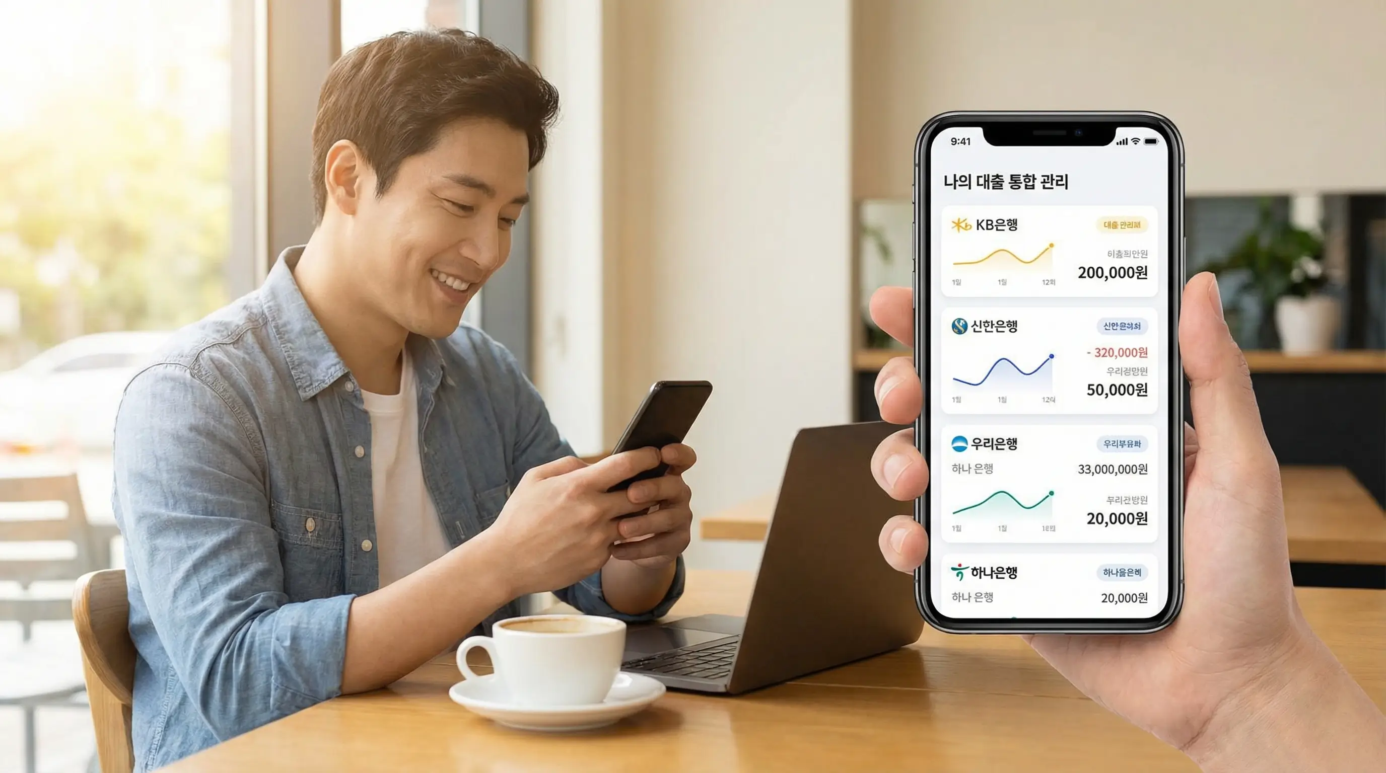 스마트폰으로 여러 은행의 대출 내역을 한눈에 조회하고 통합 관리하는 편리한 모습
