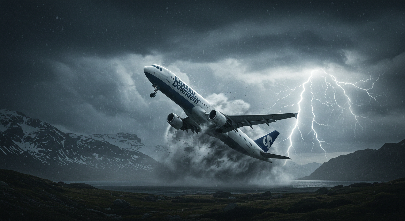 마이크로버스트로 인한 하강기류에 휘말린 항공기가 불안정한 자세로 이륙 중이며, 주변에는 번개와 어두운 구름이 겹쳐 극한 기상 상황을 보여줌