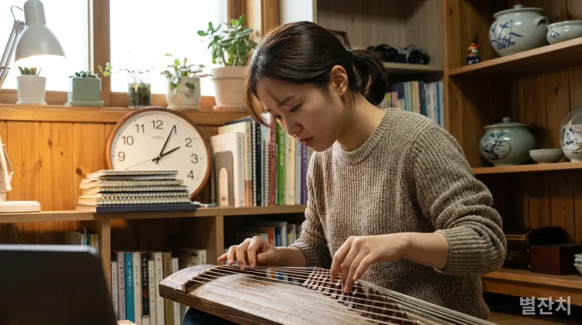 한국인이 악기를 연주하거나 코딩을 하며 의식적으로 연습하는 모습