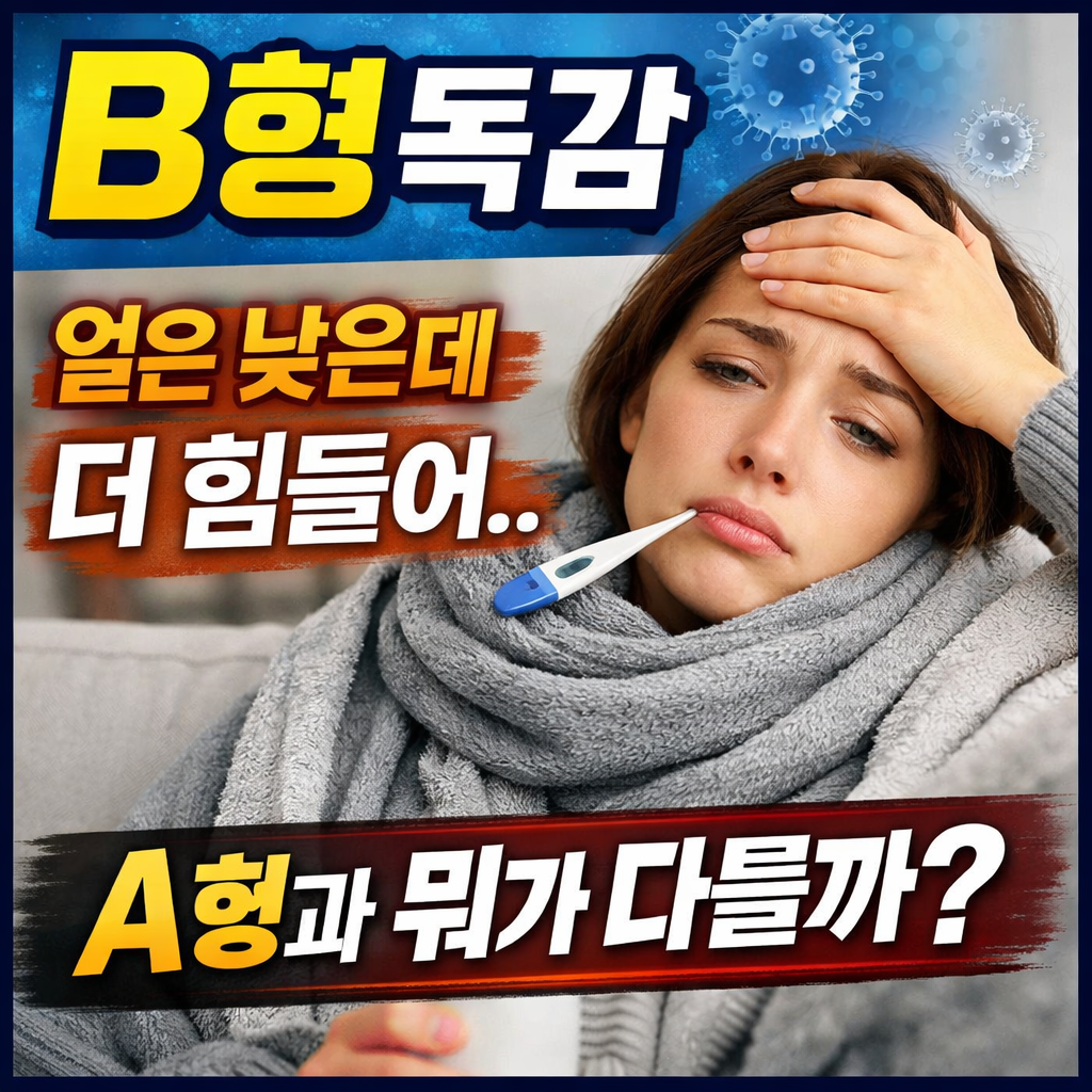 B형 독감을 주제로 한 정사각형 썸네일 이미지로, 이마를 짚고 체온계를 물고 있는 피곤한 표정의 여성이 담요를 두르고 앉아 있다. 이미지에는 ‘B형 독감’, ‘열은 낮은데 더 힘들어…’, ‘A형과 뭐가 다를까?’라는 문구가 함께 표시되어 있다.