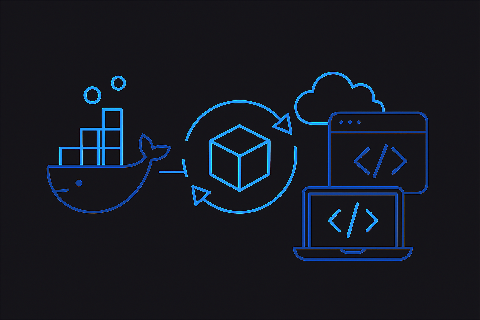 컨테이너 기술의 흐름과 구조를 상징적으로 표현한 모듈형 일러스트