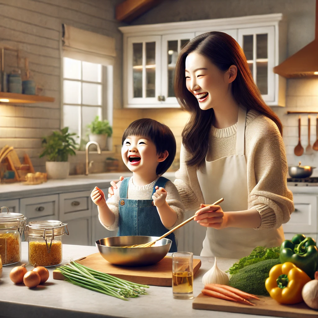 부모와 자녀가 현대적인 주방에서 요리를 배우며 즐거운 시간을 보내는 모습. 조리대 위에 재료들이 놓여 있고, 따뜻하고 활기찬 분위기