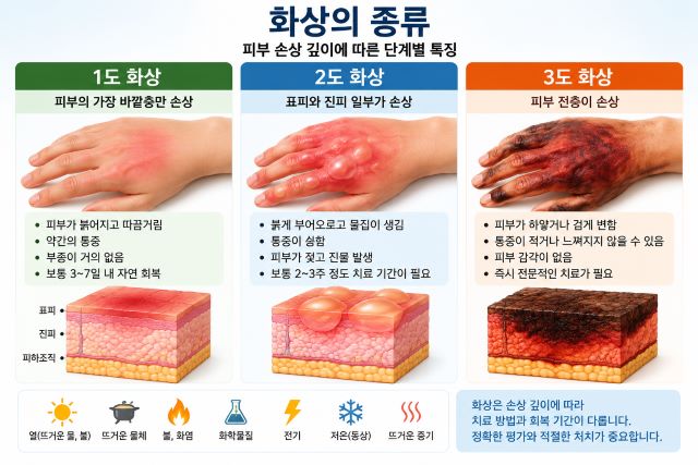 1도 2도 3도 화상의 피부 손상 정도를 비교한 그림