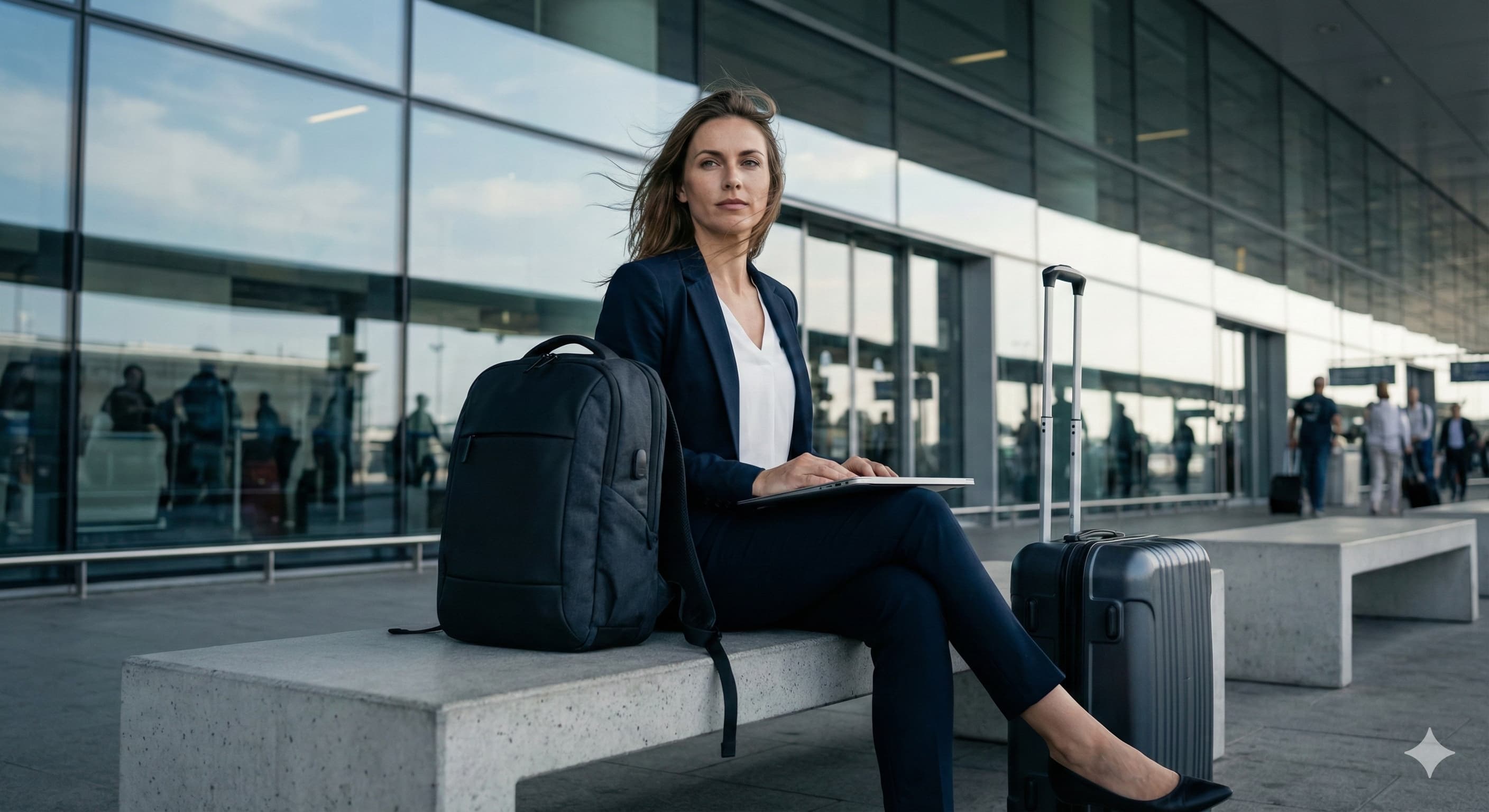 공항이나 기차역 근처의 야외 벤치에서 배낭과 노트북 가방을 정리하는 여성, 디지털 노마드의 필수 장비와 이동 준비