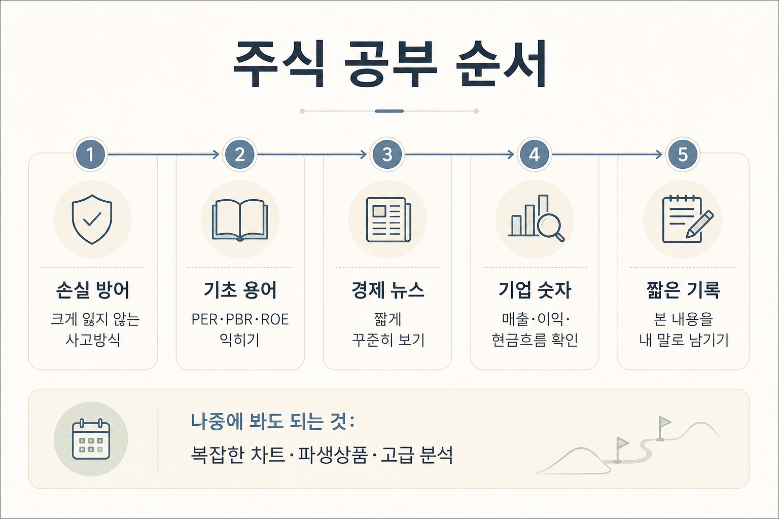 주식 공부 순서 초보자가 먼저 볼 것과 나중에 봐도 되는 것을 정리한 학습 로드맵 이미지