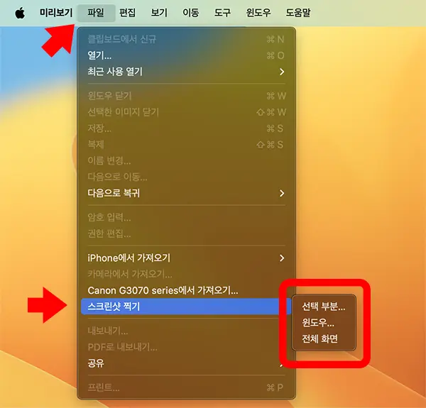 미리보기 앱으로 화면 캡처를 하는 방법