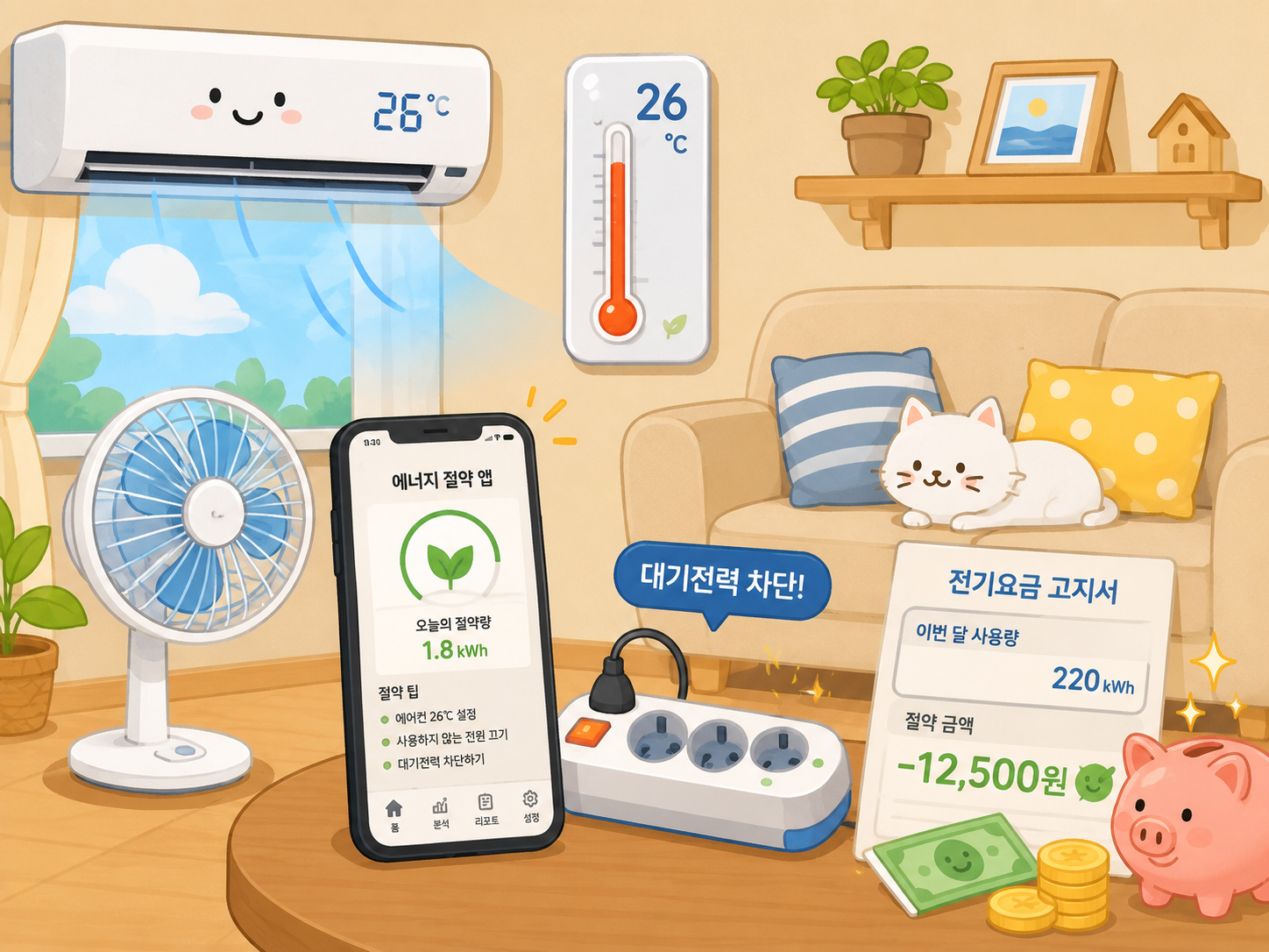 에어컨, 선풍기, 에너지캐시백 앱, 멀티탭이 함께 있는 여름 전기절약 방법 일러스트