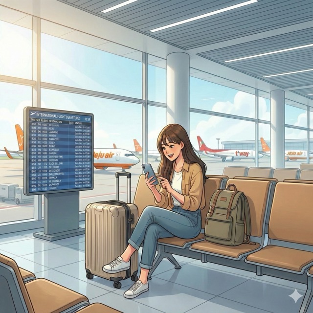 공항에서 여행용 수하물과 함께 항공권 규정을 확인하는 여행객의 모습