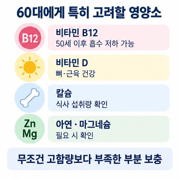 60대에 자주 확인하는 비타민 B12 비타민 D 칼슘 비타민 B군 아연 마그네슘의 역할과 선택 기준을 비교한 이미지