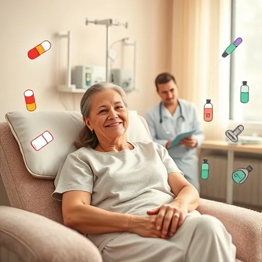 환자가 편안한 자세로 앉아 정맥 주사를 통해 항암제를 투여받는 모습이나, 다양한 종류의 항암 약물들을 상징하는 아이콘들을 보여줍니다. 주변에는 의료진의 보살핌이 느껴지는 따뜻한 분위기를 연출합니다.