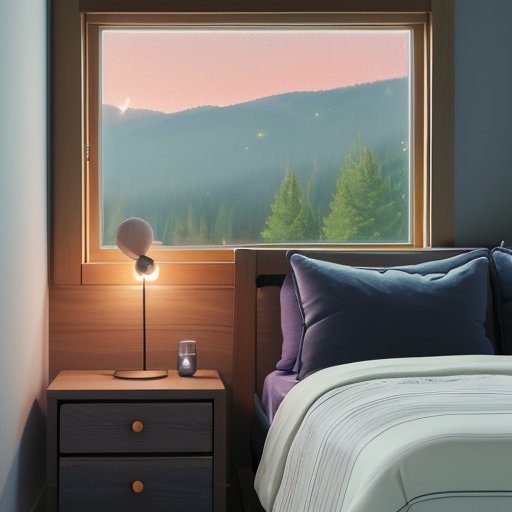 A cozy bedroom setup with a smart light, white noise machine, and a sleep tracker on a nightstand