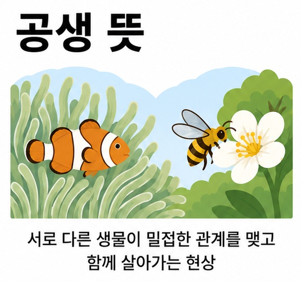 공생 뜻과 상리공생 편리공생 기생의 차이를 설명한 생물학 교육 이미지