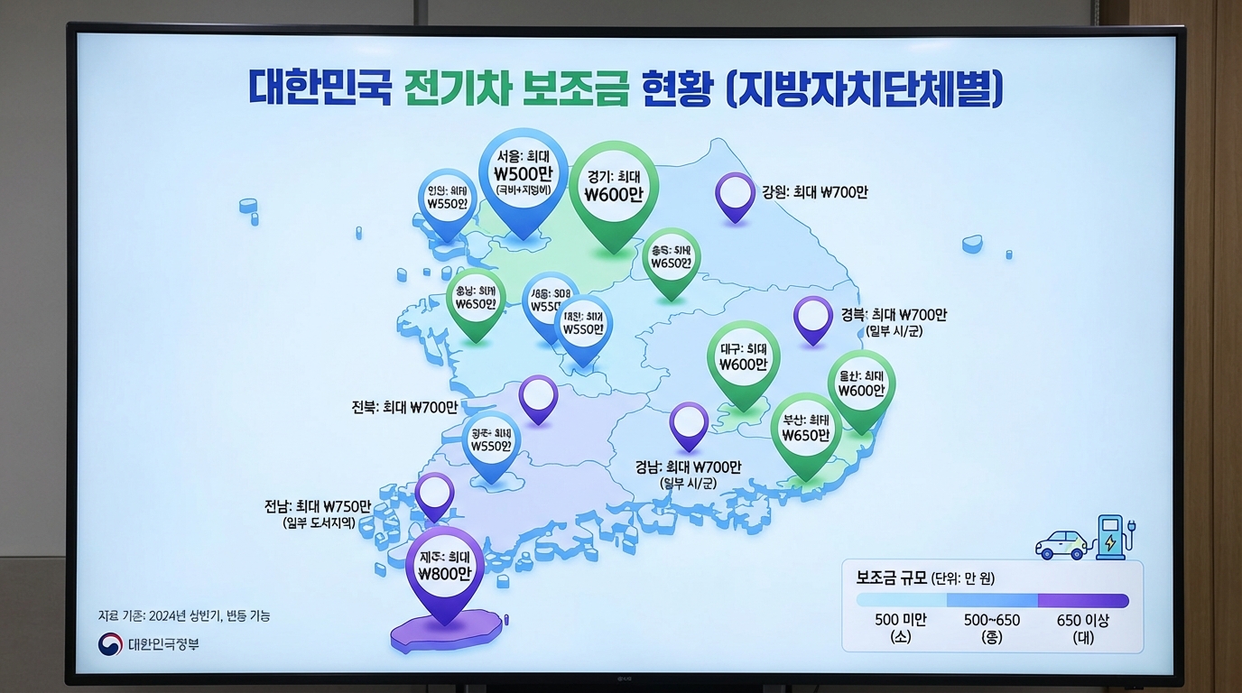 대한민국 지자체별로 다른 전기차 지방비 보조금 혜택 지도