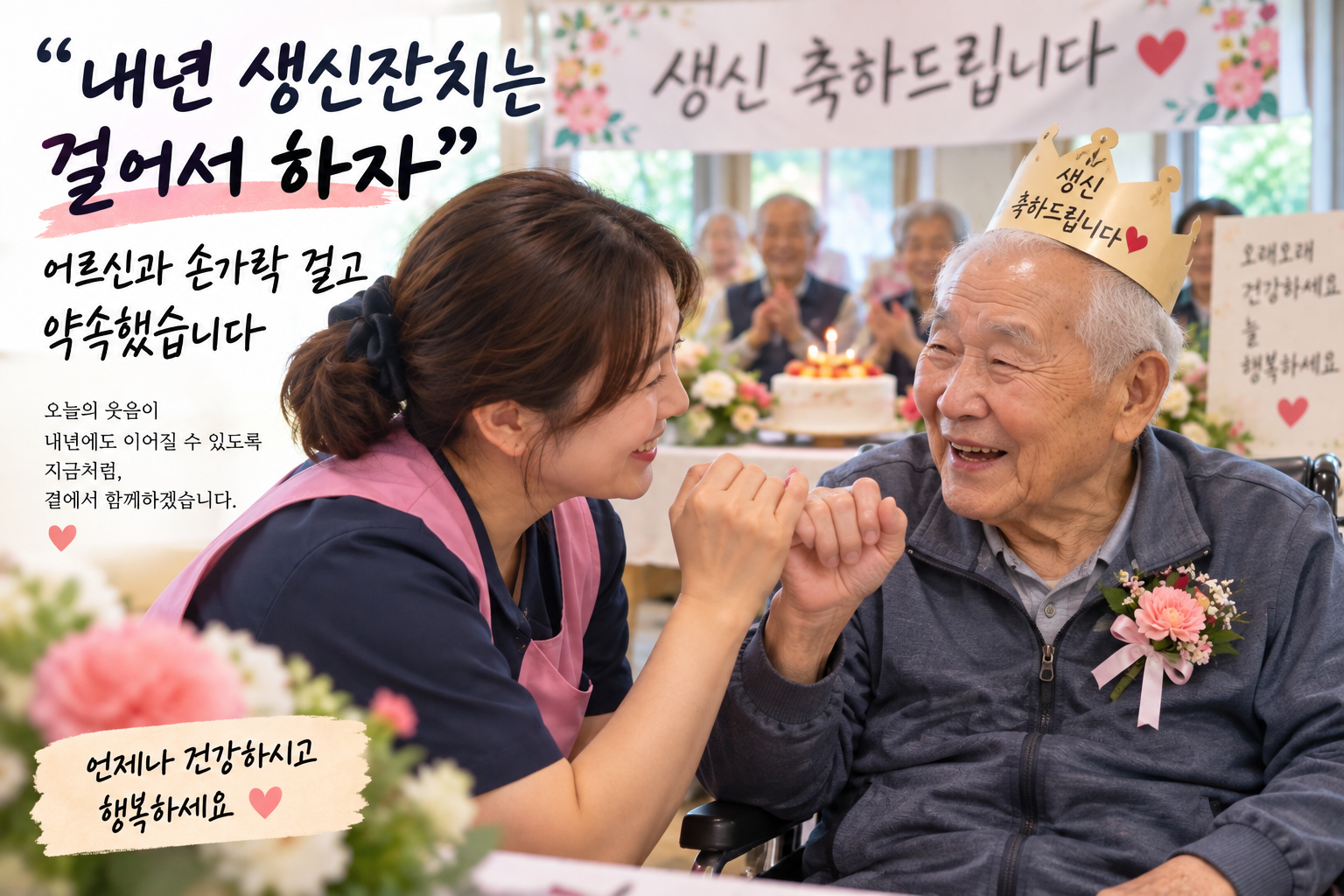주야간보호센터 생신잔치에서 휠체어에 앉은 남자 어르신과 요양보호사가 손가락을 걸고 내년에는 걸어서 생신잔치를 하자고 약속하는 모습