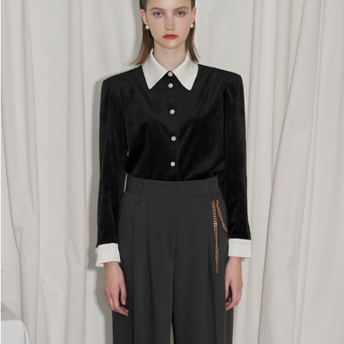 나인 블랑 사틴 배색 벨벳 블라우스 BL-4098