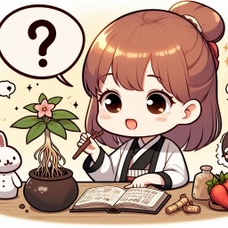 A cute girl eating mysterious ginseng in a cartoon