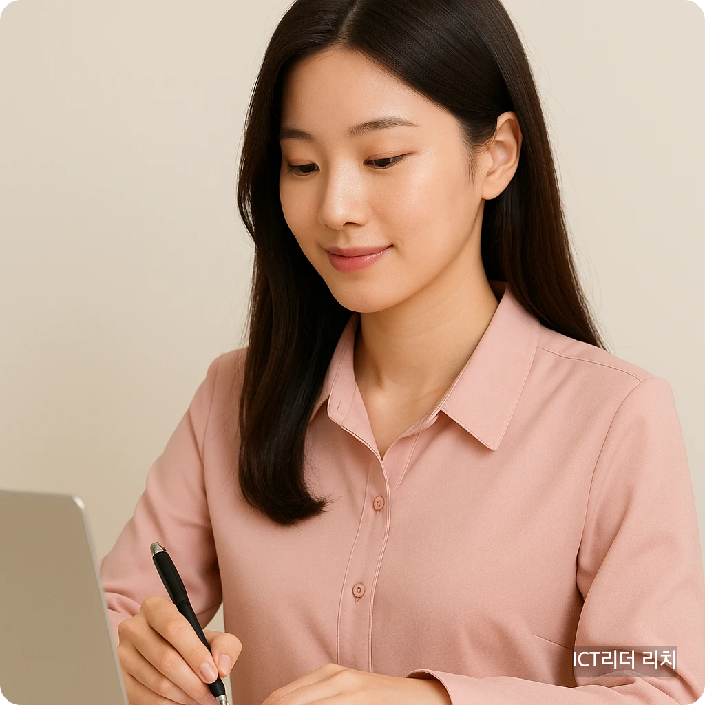 분홍 블라우스를 입은 20대 한국인 여성이 밝은 조명 아래 노트북으로 온라인 폼을 자연스럽게 입력하는 모습의 클린한 대표 썸네일 이미지