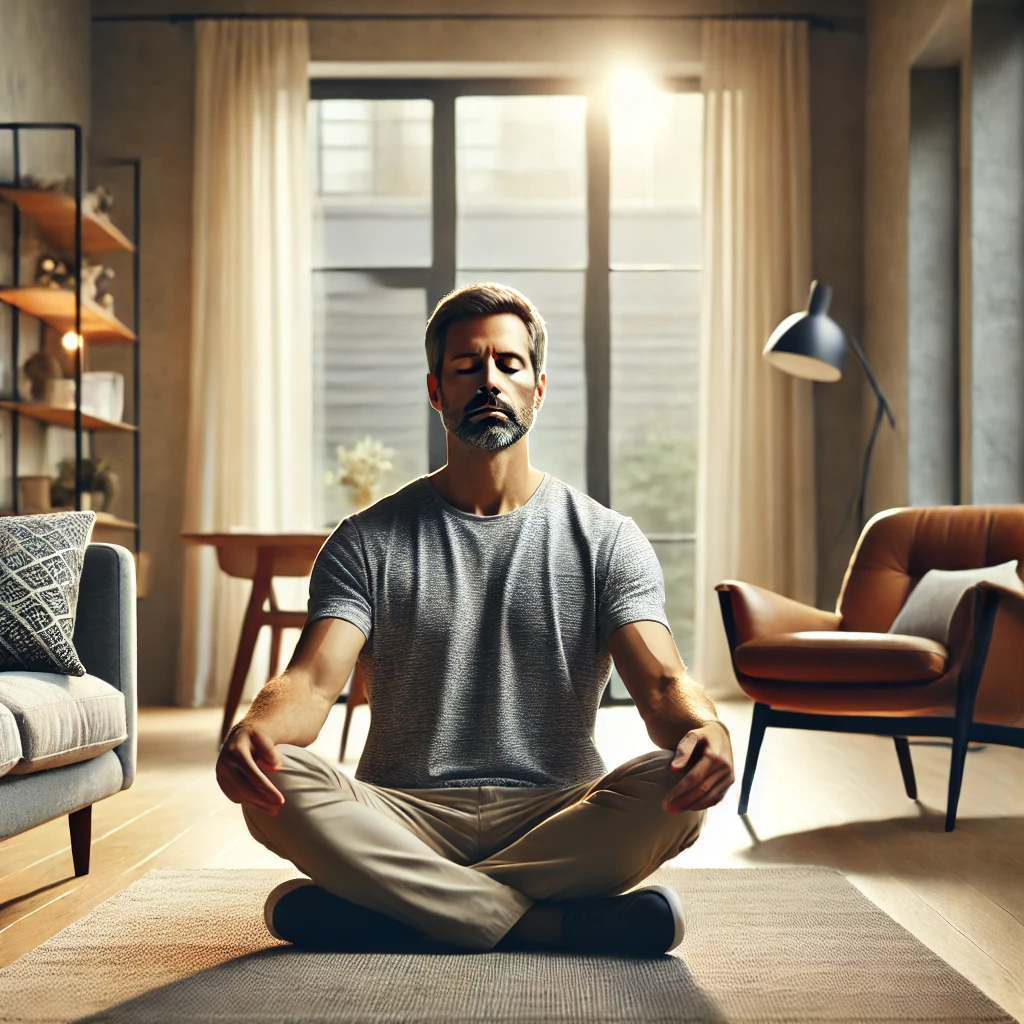 현대적인 거실에서 중년 남성이 안락한 의자에 앉아 깊은 호흡을 연습하는 모습. 손을 무릎 위에 올리고 눈을 감고 있으며&amp;#44; 부드러운 조명과 자연광이 함께하는 깔끔한 인테리어