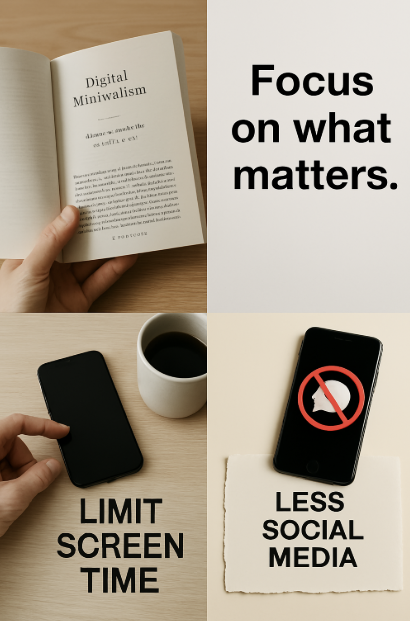 "디지털 미니멀리즘을 주제로 한 네 장의 사진 콜라주. 첫 번째는 책 'Digital Minimalism'을 펼쳐 든 손, 두 번째는 'Focus on what matters'라는 문구, 세 번째는 'LIMIT SCREEN TIME' 문구 아래 스마트폰을 만지는 손과 커피잔, 네 번째는 'LESS SOCIAL MEDIA' 문구 위에 놓인 소셜 미디어 금지 아이콘이 표시된 스마트폰."