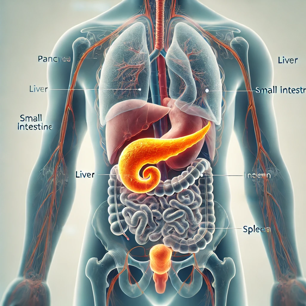 신체중 췌장의 위치를 보여준다