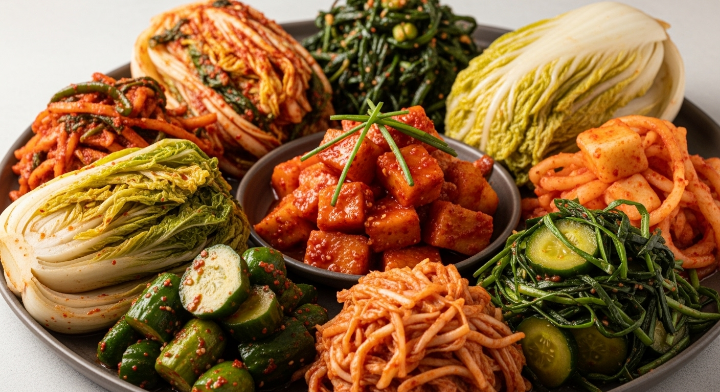 담근 김치를 둥근 그릇에 가지가지 차려 놓은 이미지입니다.
배추김치. 깍두기. 오이김치. 무우채김치 등이 담겨져 있습니다.