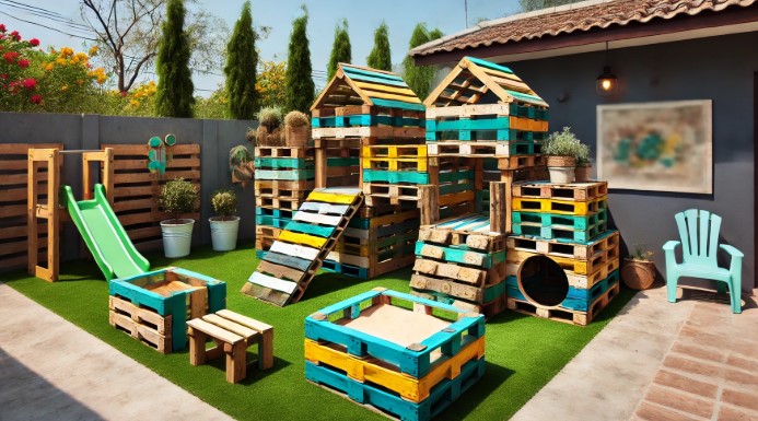 @폐기된 목재 팔레트를 활용한 야외 놀이 공간 제작 이미지