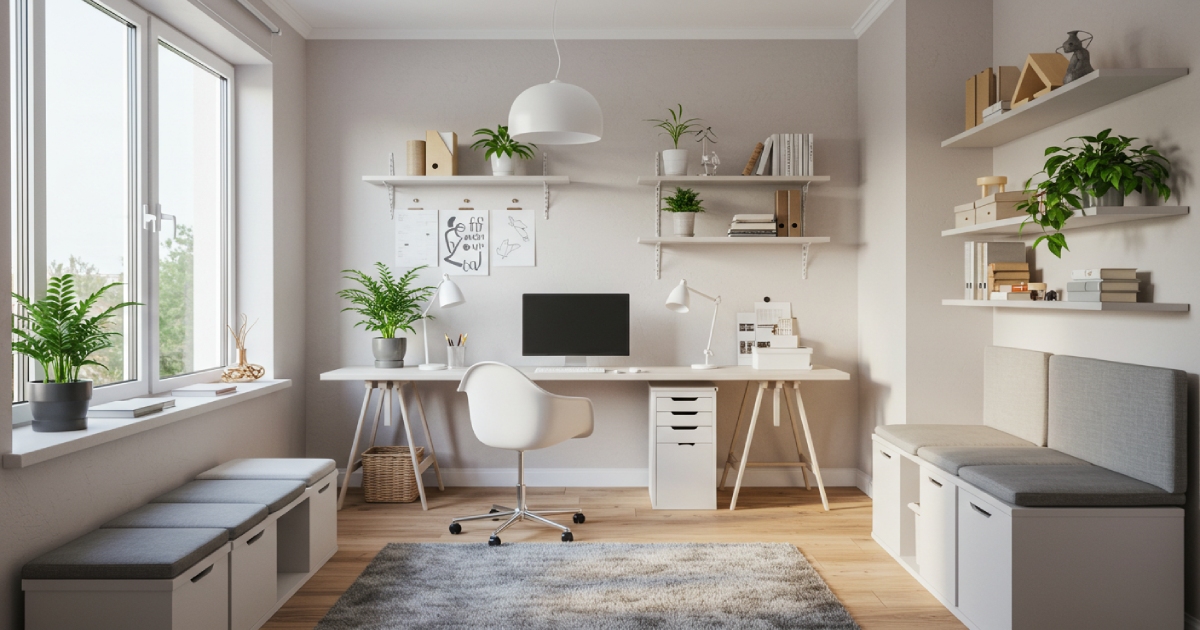 자연광과 식물이 있는 미니멀한 홈오피스 작업 공간
