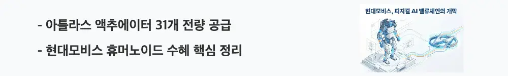 현대모비스 주가 전망: &rsquo;아틀라스 액추에이터 31개 전량 공급'이라는 문구가 포함된 웹배너 이미지. 이 이미지는 현대모비스가 보스턴다이내믹스 아틀라스에 로봇 액추에이터를 전량 공급하며 양산 매출을 키우는 휴머노이드 수혜 구조를 시각적으로 전달하며, 블로그의 현대모비스 주가 전망과 관련된 내용을 설명함
