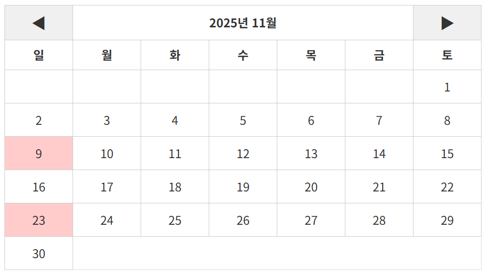 25년 11월 달력