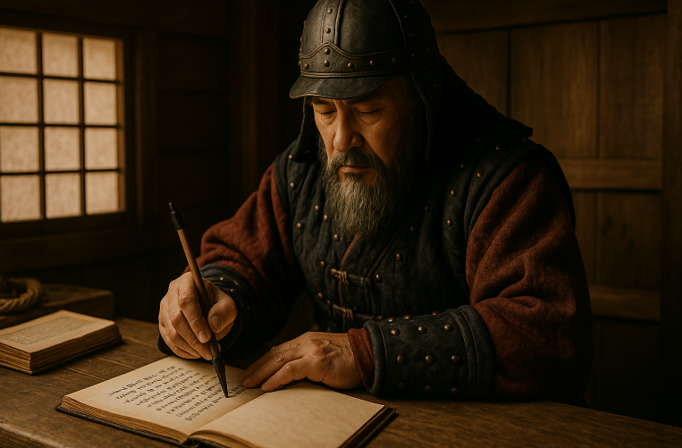 임진왜란 중에 숙소에서 일기를 쓰고 있는 이순신 장군의 모습