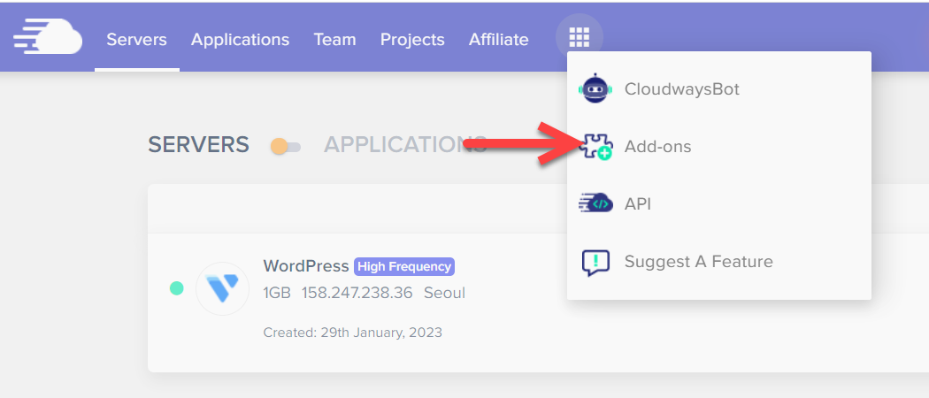 해외 웹호스팅 클라우드웨이즈 애드온 페이지