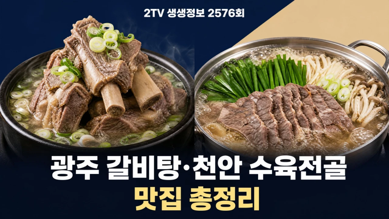 2TV 생생정보 2576회 광주 산더미 갈비탕과 천안 한우수육전골 맛집을 정리한 대표 이미지