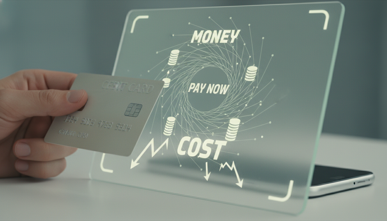 갤럭시 S26 자급제 구매 시 발생하는 초기 목돈 지출의 부담감을 상징하는, 신용카드를 들고 있는 손과 디지털 화폐 이미지.