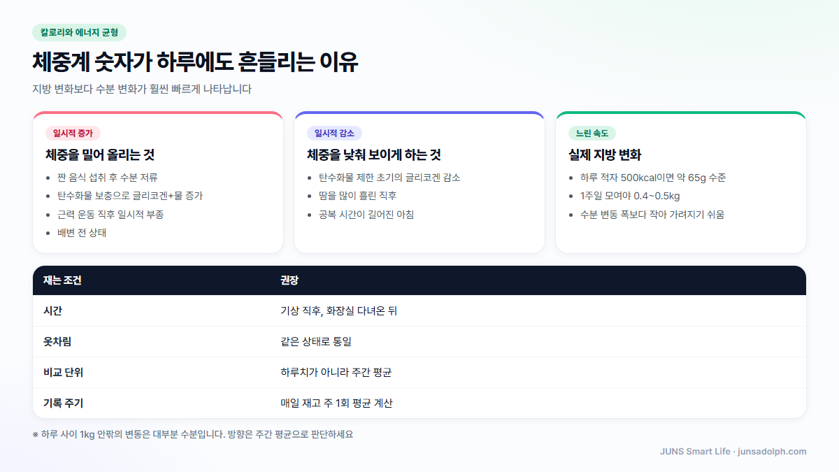 체중 변동을 만드는 수분 요인과 지방 변화 속도 도식