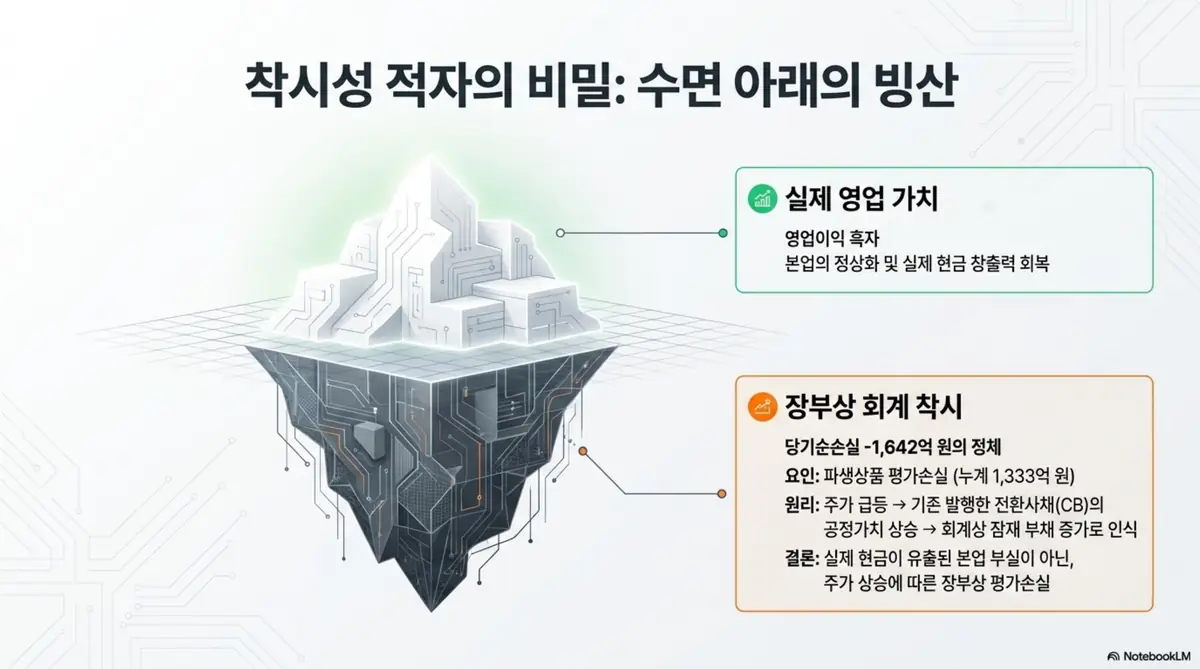 심텍 주가 전망: 심텍의 2025년 순손실이 착시성 적자임을 설명한 이미지. 영업이익은 흑자이지만 당기순손실 1,642억원은 전환사채 공정가치 상승에 따른 파생상품 평가손실 때문이며 실제 현금 유출이 아니라는 점을 시각적으로 전달하며, 블로그의 심텍 재무 구조 분석과 관련된 내용을 설명함
