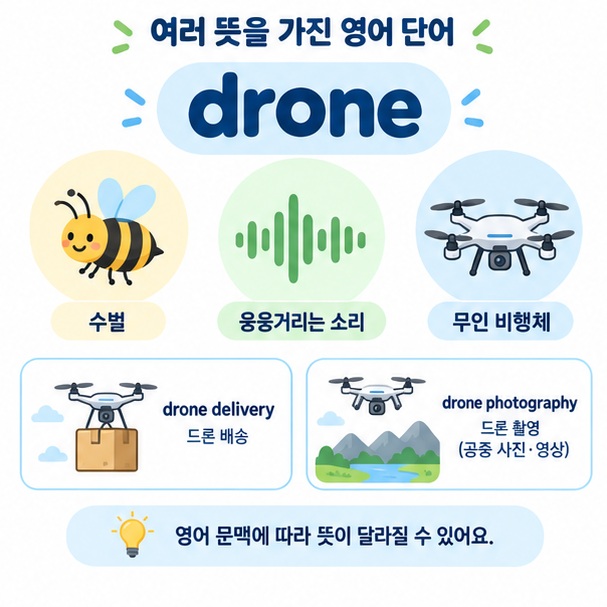 영어 drone의 수벌과 웅웅거리는 소리, 무인 비행체 의미를 보여주는 이미지