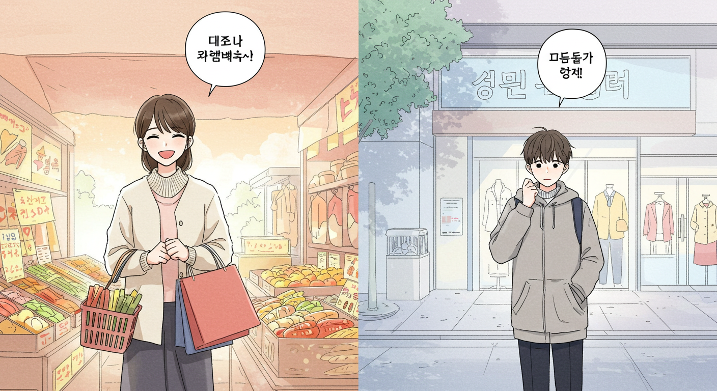 인정 소비처와 제외 소비처를 대비한 한국만화풍 장면