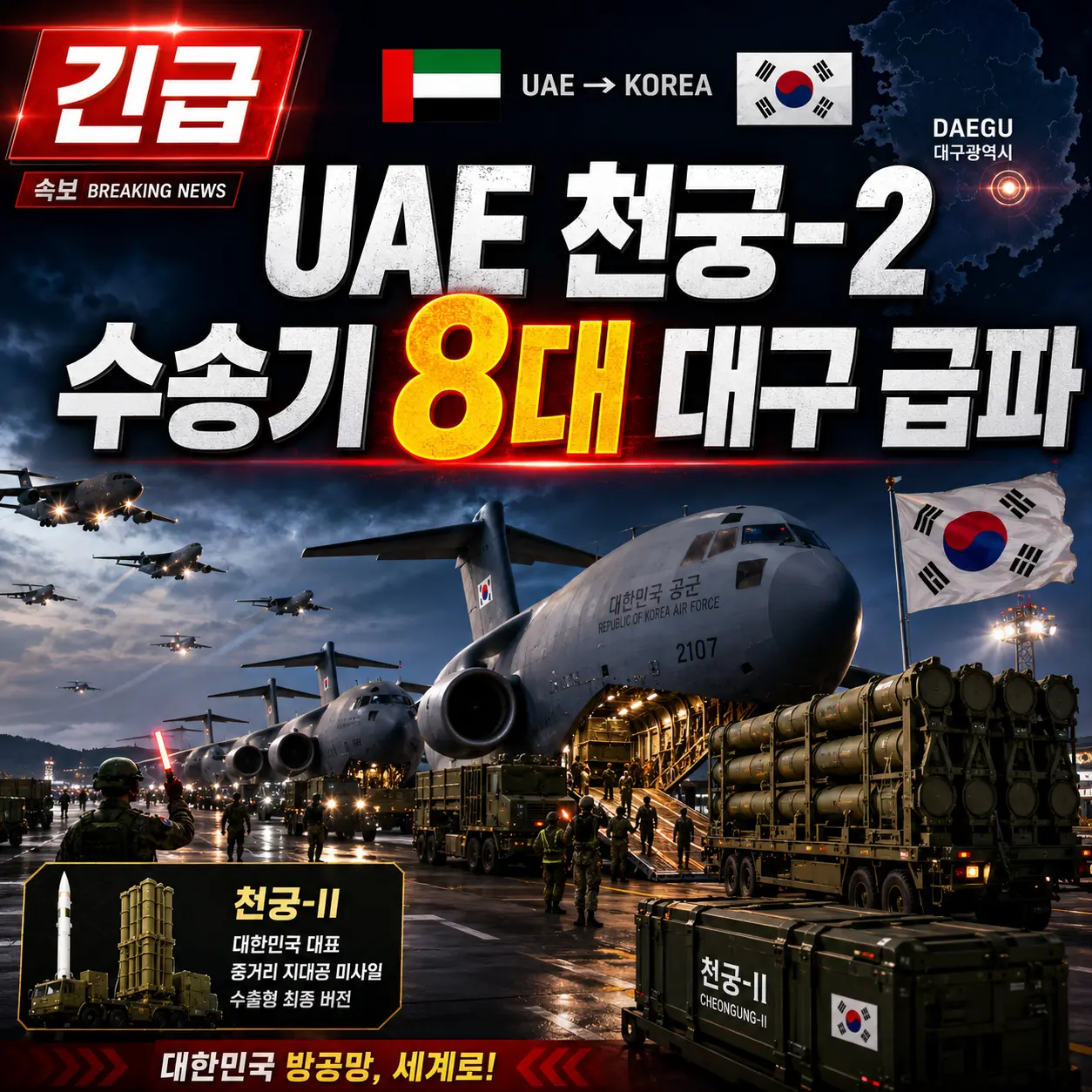 UAE 수송기 8대 대구 긴급 투입 — 천궁-Ⅱ 3번째 포대 항공 수송·호르무즈 봉쇄·한국 방산 신뢰도 총정리 2026