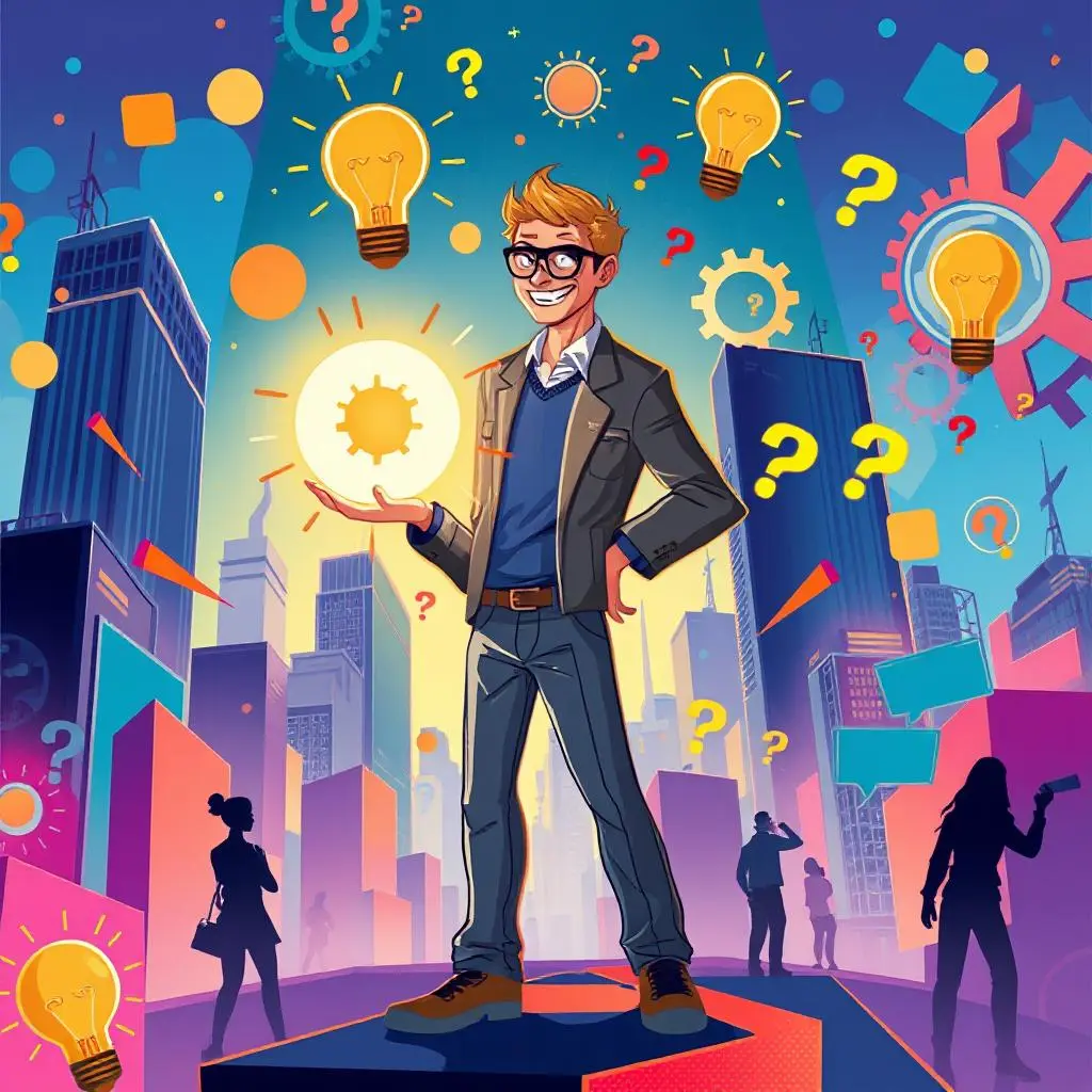 Digital illustration of an ENTP personality with glowing ideas and futuristic cityscape