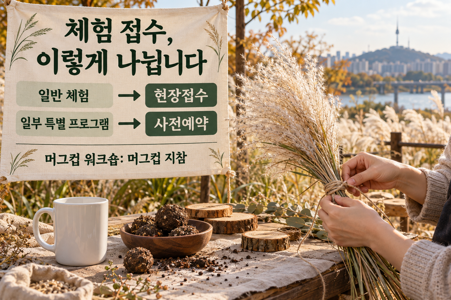 꽃다발 체험 재료와 현장접수·사전예약 구분, 머그컵 지참 안내
