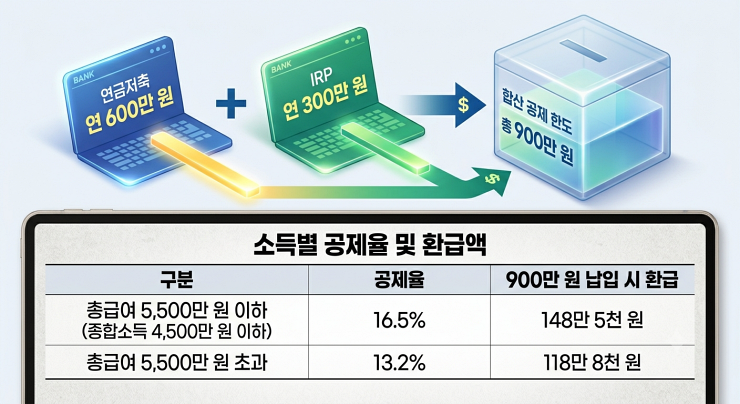 연금저축(600만) + IRP(300만) = 900만 합산 구조도 및 소득별 환급액 정리