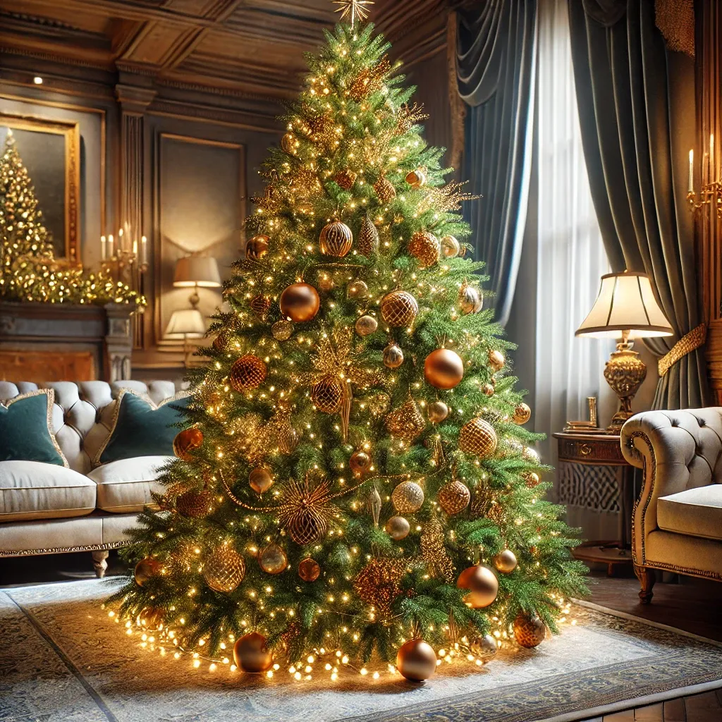 PE(폴리에틸렌) 크리스마스 트리&amp;#44; 실제 나무 같은 질감과 리얼한 녹색 잎사귀&amp;#44; 우아한 장식과 조명이 어우러진 고급스러운 거실 분위기
